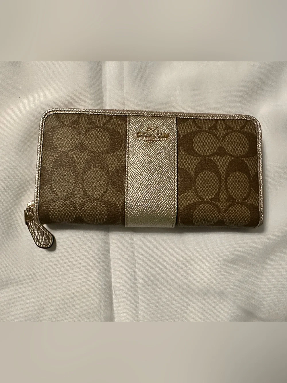 Coach Brown Signature Zip Wallet with Metallic Champagne Accent